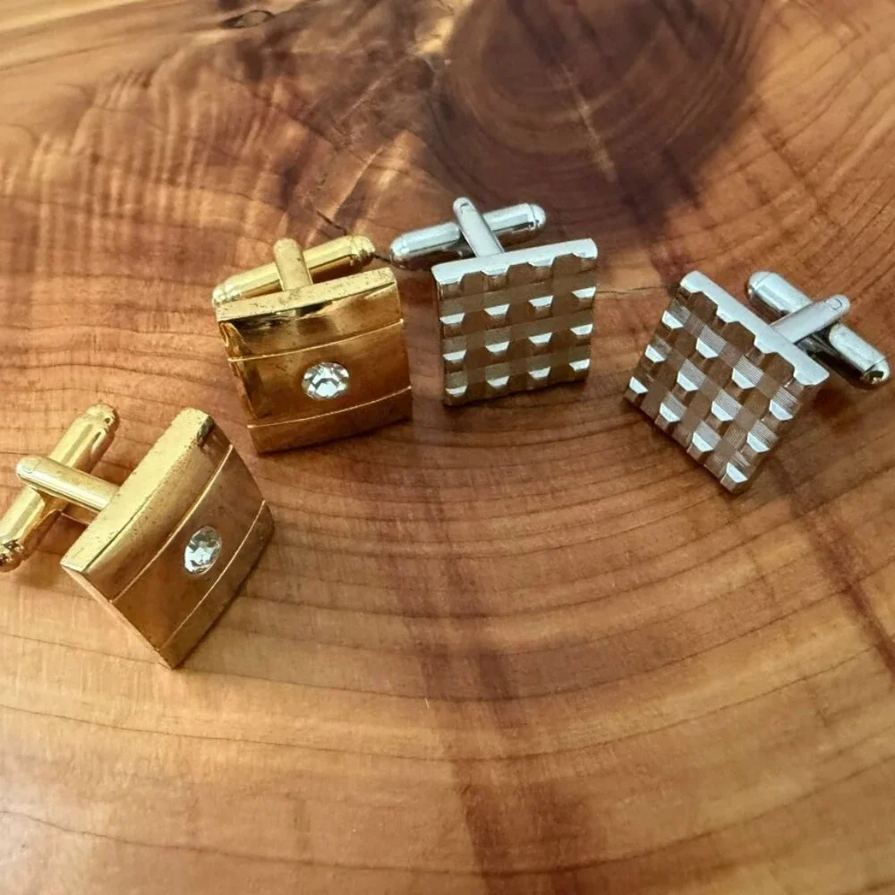 Lot of 2 Set Gold/Silver Tone Metal Square Cufflinks
